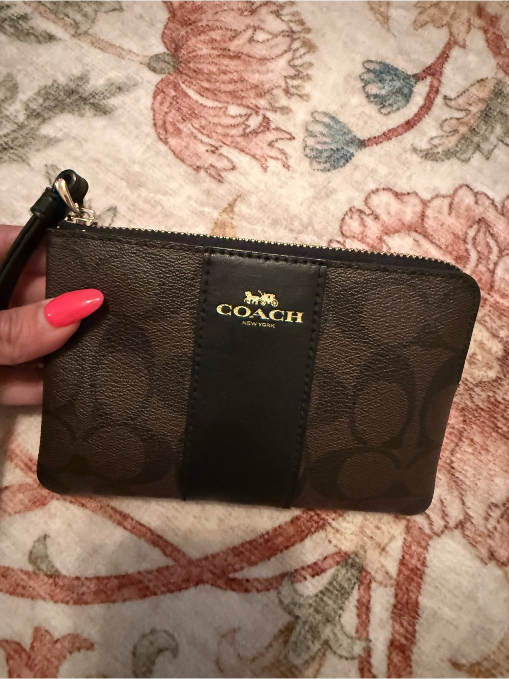 Coach Brown Signature Wristlet with Black Center Panel